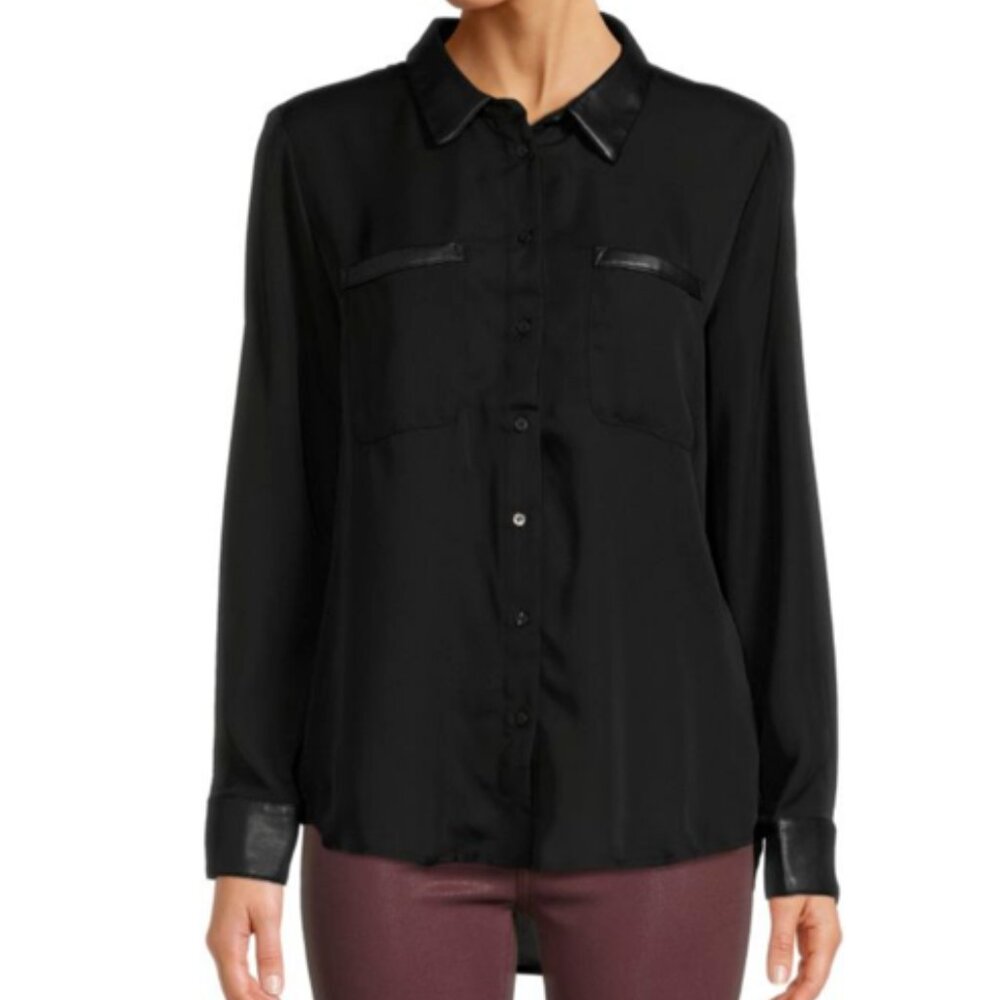 Laundry by Shelli Segal Black Faux Leather Trim Blouse Size L NWT